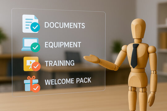 Onboarding recruitment process with documents equipment training and welcome pack checklist in modern office background