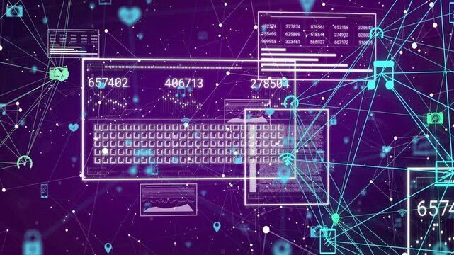 Central digital interface panel moving against purple gradient backdrop, showing neon network lines - Powered by Adobe