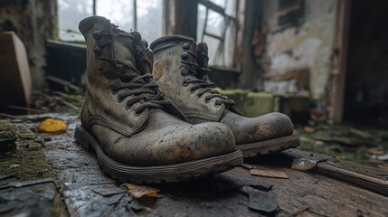 Abandoned work boots in a dilapidated building