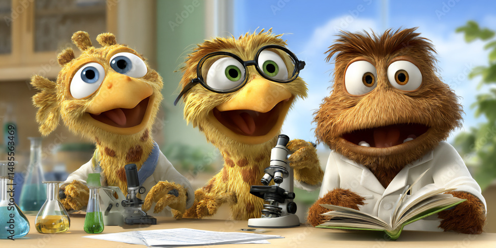 Poster a 3d rendering in a bright laboratory setting featuring a team of diverse animal scientists includin