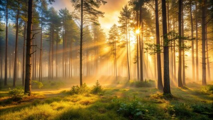 Obraz premium Foggy forest landscape at dawn with misty atmosphere and soft golden light filtering through trees, mist, landscape, mist