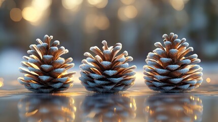 Frosty pine cones on icy surface, golden light