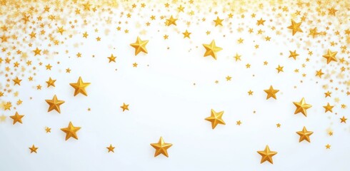Scattered golden stars of various sizes on a white background creating a festive and celebratory atmosphere