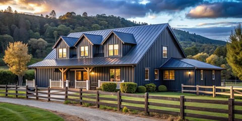 Obraz premium Modern farmhouse with dark blue siding and metal roof surrounded by rolling hills and trees, with a rustic wooden fence in the foreground, landscaping, modern farmhouse