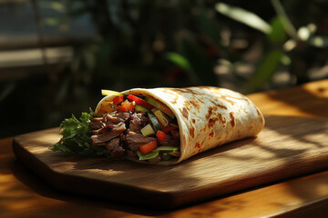 Burrito on cutting board.