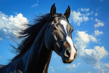 Close-up of a majestic black horse with a white blaze on its face against a bright blue sky with scattered white clouds, showcasing its flowing mane and calm yet alert expression