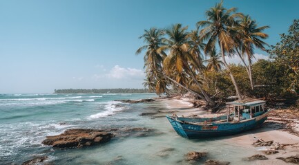 Obraz premium Tranquil beach scene with weathered boat