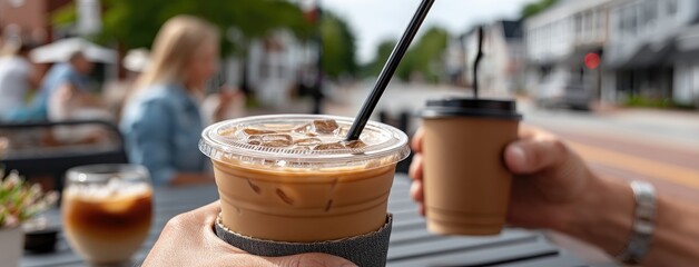 A hand holds a cold coffee in a clear plastic cup with a straw, set against a lively cafe atmosphere on a sunny day