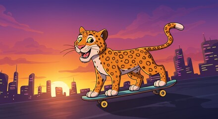 Cartoon leopard skateboarding at sunset over cityscape