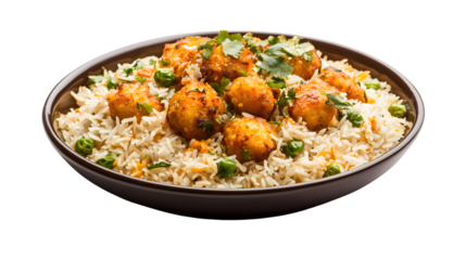 Delicious Rice with Kadhi Pakora in Plate on White Background