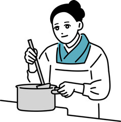 鍋を混ぜる割烹着を着た小料理屋の女将のイラスト