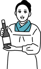 酒瓶を持つ割烹着を着た小料理屋の女将のイラスト