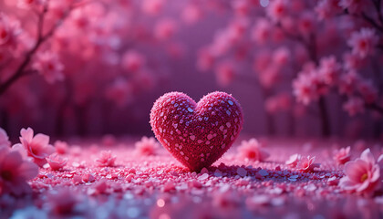 Romantic Pink Heart Shaped with Cherry Blossom Flowers for Valentine Day Background