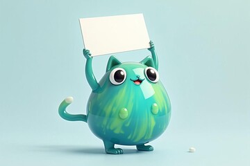 Cute jelly monster character in aqua and green presents a blank white sign with a happy, inviting smile, 3D illustration.