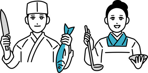 男女の和食料理人のアバターセット