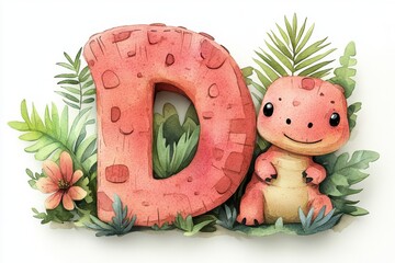 Watercolor Illustration with a Cute Dinosaur and Letter D, Isolated on White