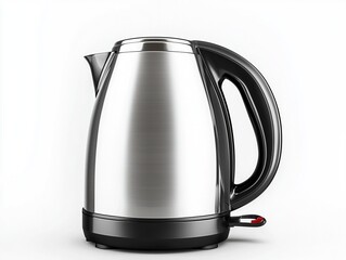 Stylish stainless steel kettle with black handle isolated on white background, detailed high-resolution product photography.