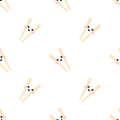 Seamless pattern with kawaii sushi and chopsticks in a cute Japanese vector style. Perfect for fabric, wrapping paper, and food-themed designs