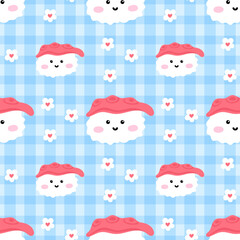 Seamless pattern with kawaii sushi rolls, maki, and rice in a cute Japanese style. Perfect vector design for fabric, wrapping paper, and kitchen decor