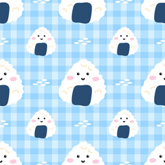Seamless pattern with kawaii sushi rolls, maki, and rice in a cute Japanese style. Perfect vector design for fabric, wrapping paper, and kitchen decor
