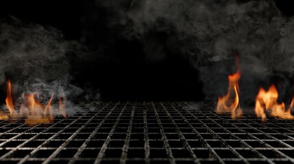 Empty barbecue grill with flames on black background, high-resolution photography.