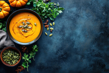 Steaming pumpkin soup topped with roasted nuts and fresh pumpkin chunks.