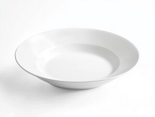Front view of a simple white plate with round edges, isolated on a clean white background in high resolution, ideal for product photography and minimal kitchen design.