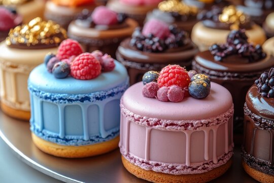 Gourmet Mini Cakes with Fresh Berries, Colorful Icing, Elegant Dessert