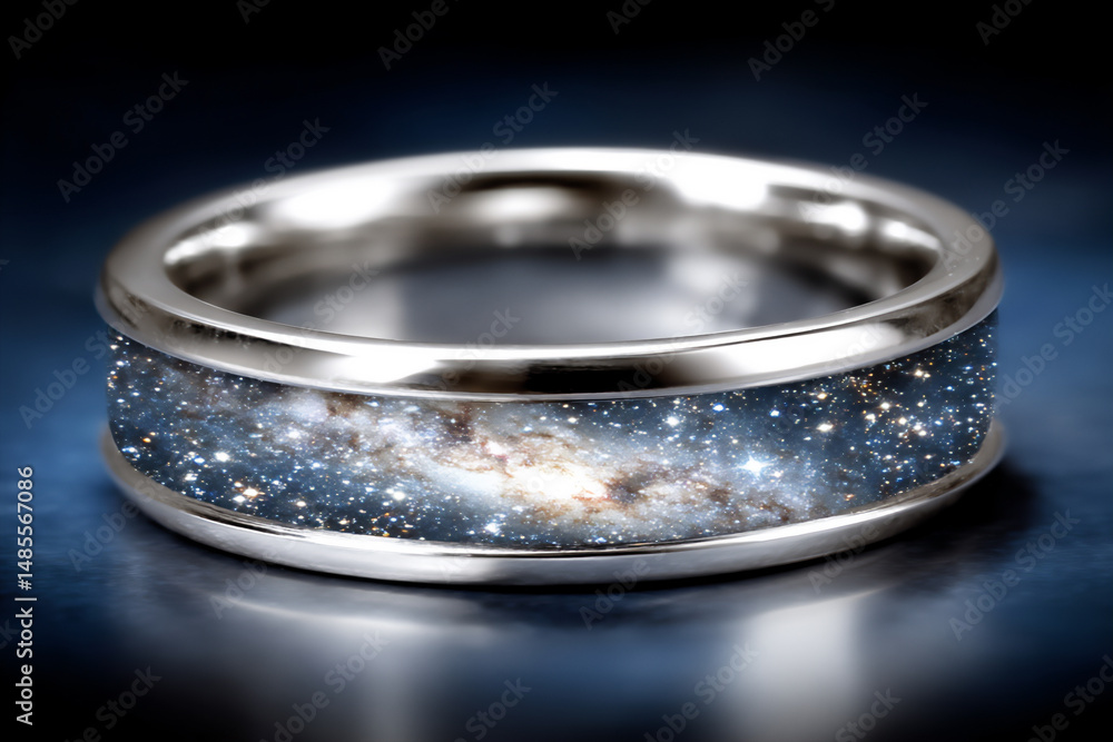 Poster a 3d rendering of a glowing metallic ring set against a dark space background