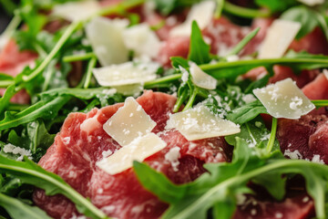 Close-up of a plate with meat and cheese.