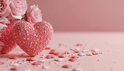 Valentine Day Pink Heart Shaped with Roses on Pastel Background
