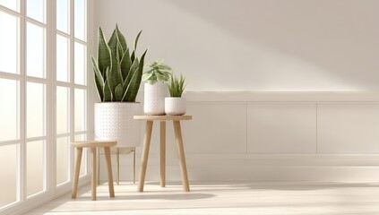 Bright and Airy Minimalist Interior Scene Featuring Three Potted Plants in Stylish White Pots by Large Windows