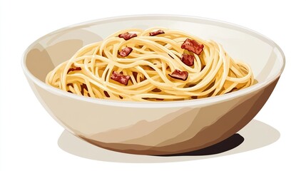 A bowl of spaghetti carbonara, with long, golden strands of pasta coated in a creamy sauce and topped with small pieces of crispy bacon