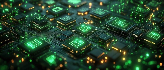 Obraz premium Close-up view of a glowing green circuit board with intricate microchips and electronic pathways, emitting a futuristic and high-tech ambiance