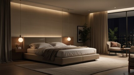 Modern bedroom interior design at night.