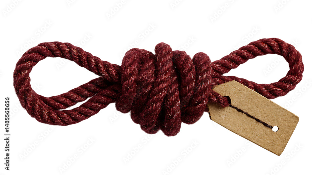 Poster close-up of red twisted rope tied in a knot with a blank craft paper tag on a transparent background