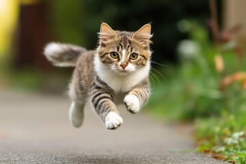 A playful kitten joyfully leaps forward in an outdoor setting, capturing the essence of youthful energy