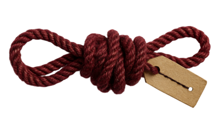 Close-up of red twisted rope tied in a knot with a blank craft paper tag on a transparent background