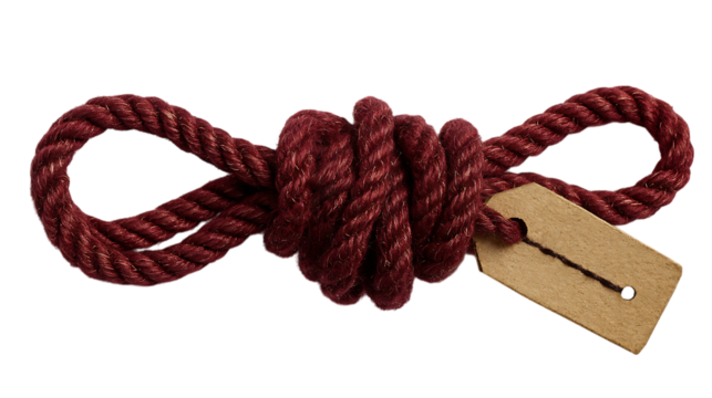 Close-up of red twisted rope tied in a knot with a blank craft paper tag on a transparent background