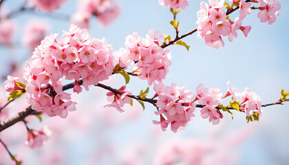 Naklejka premium Delicate pink cherry blossoms adorning a graceful tree – an enchanting wallpaper scene., pixel art. with white shades