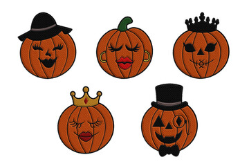 Stylish Halloween clipart set in embroidery style with five fashionable jack-o-lanterns: Goth Chic, Diva with earrings, Queen, Gentleman and Fashionista in a hat