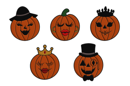 Stylish Halloween clipart set in embroidery style with five fashionable jack-o-lanterns: Goth Chic, Diva with earrings, Queen, Gentleman and Fashionista in a hat