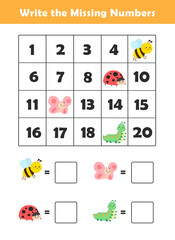 Write the missing numbers. Fun missing numbers activity sheet for kids to practice counting and number recognition. Math worksheet for kindergarten. Counting Game for Preschool Children.