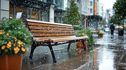 Rain-soaked city bench in a pedestrian area with plants