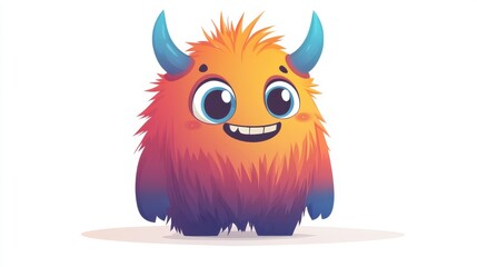 Fototapeta premium Cute Cartoon Monster with Horns, Smiling, Isolated on White
