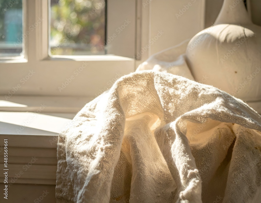 Poster sunlit linen fabric draped over a white object near a window. a minimalist, textured image evoking c