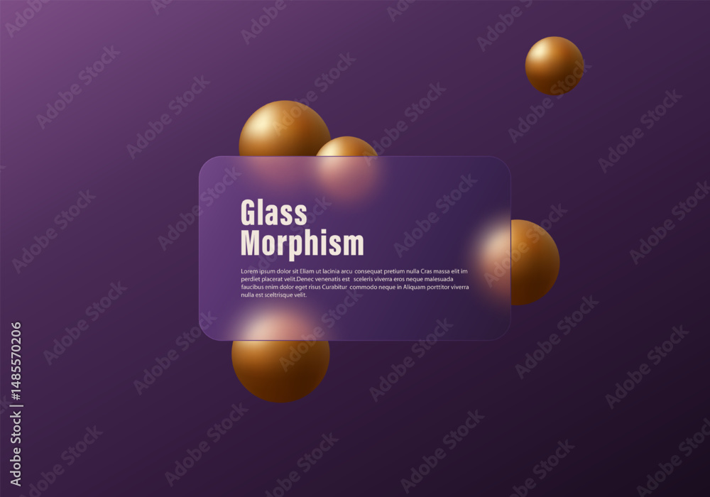 Poster glassmorphism panel with blur effect on purple background and bronze floating spheres, elegant moder