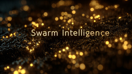 Abstract glowing mesh of golden particles with words "Swarm Intelligence", dark background with soft bokeh, representing AI neural systems and distributed algorithms