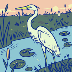 Elegant Great Egret wading in shallow water with a soft reflection, captured in a serene and detailed vector illustration.