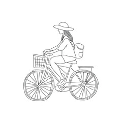 Girl riding a bicycle line art illustration. Girl on the bike cute hand drawn clipart